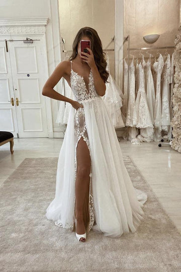 White v neck lace long prom dress white evening dress HZ1023